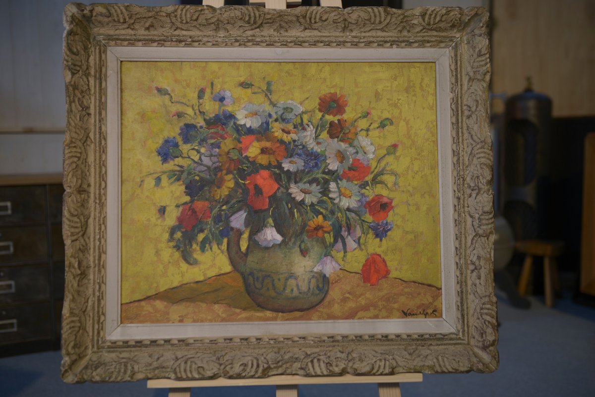 Peinture sur bois nature morte bouquet fleurs numéroté 12 Signé ancien cadre Montparnasse-photo-2