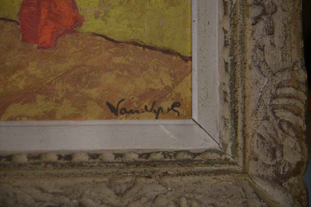 Peinture sur bois nature morte bouquet fleurs numéroté 12 Signé ancien cadre Montparnasse-photo-3