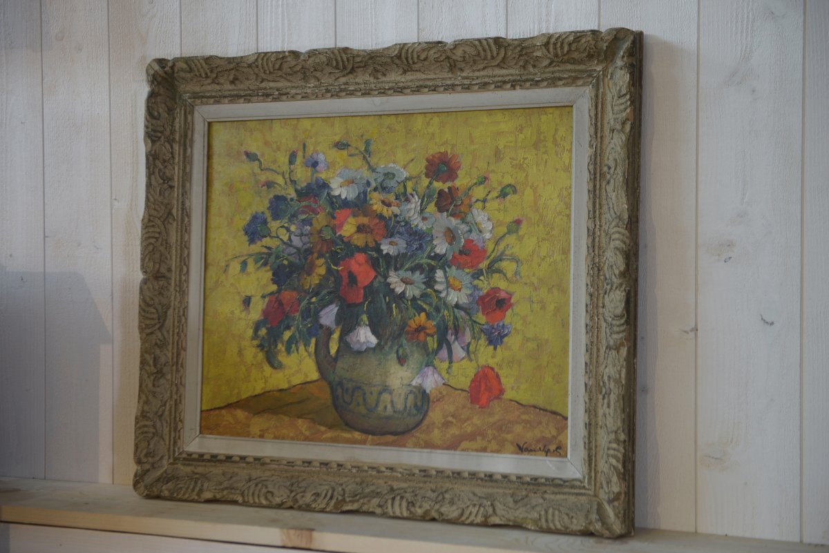 Peinture sur bois nature morte bouquet fleurs numéroté 12 Signé ancien cadre Montparnasse-photo-4