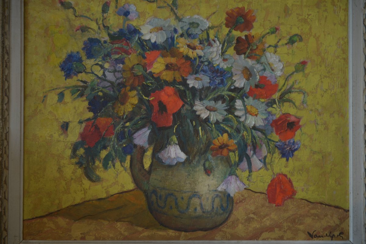 Peinture sur bois nature morte bouquet fleurs numéroté 12 Signé ancien cadre Montparnasse-photo-1