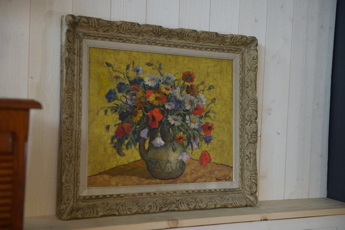 Peinture sur bois nature morte bouquet fleurs numéroté 12 Signé ancien cadre Montparnasse-photo-2