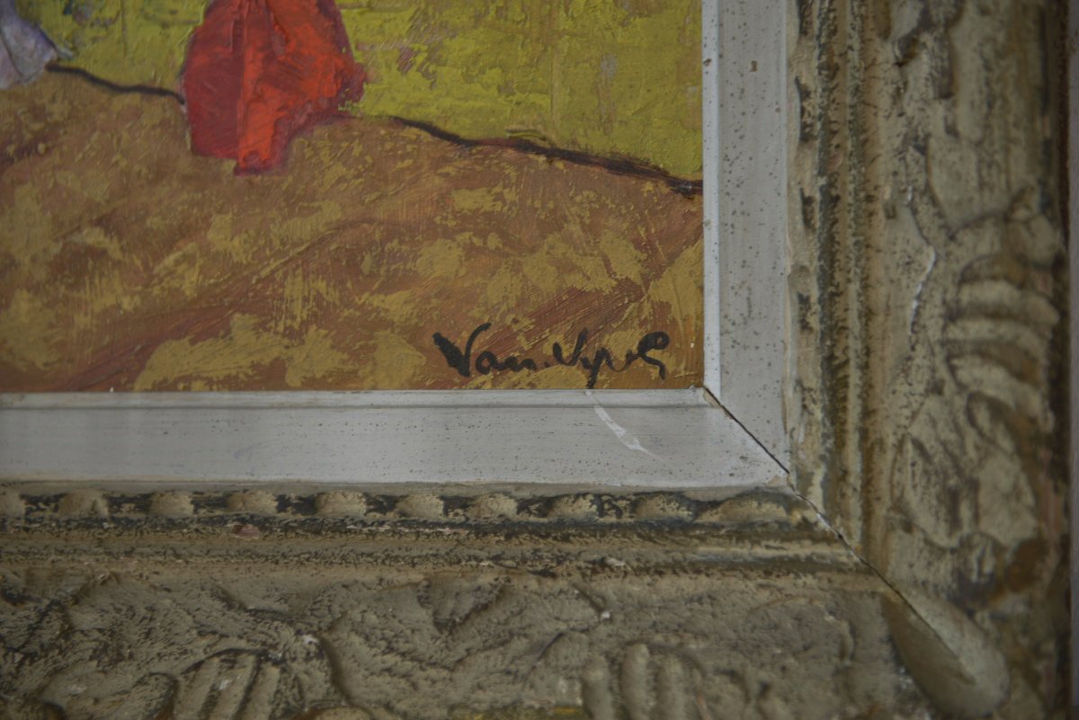 Peinture sur bois nature morte bouquet fleurs numéroté 12 Signé ancien cadre Montparnasse-photo-3