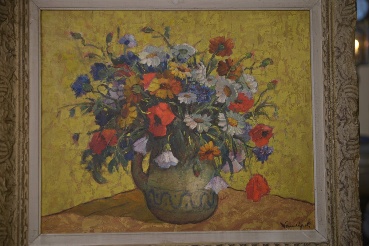 Peinture sur bois nature morte bouquet fleurs numéroté 12 Signé ancien cadre Montparnasse-photo-5