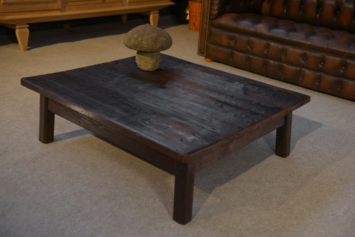 Table basse brutaliste en épicéa foncé piétement chêne-photo-3