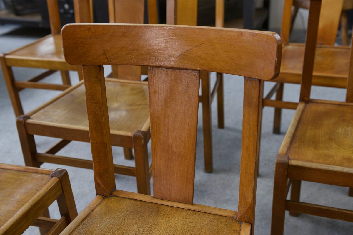 Ensemble de 10 chaises bistrot en hêtre 1950's-photo-3