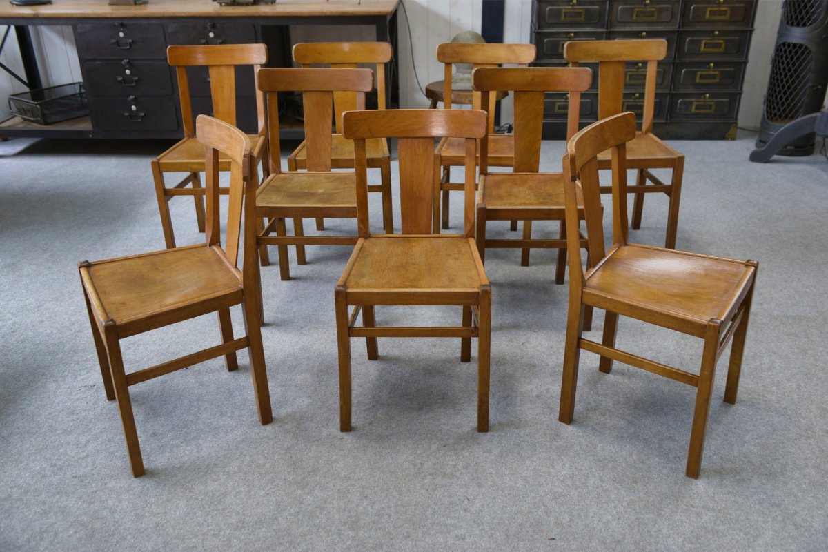 Ensemble de 10 chaises bistrot en hêtre 1950's-photo-4