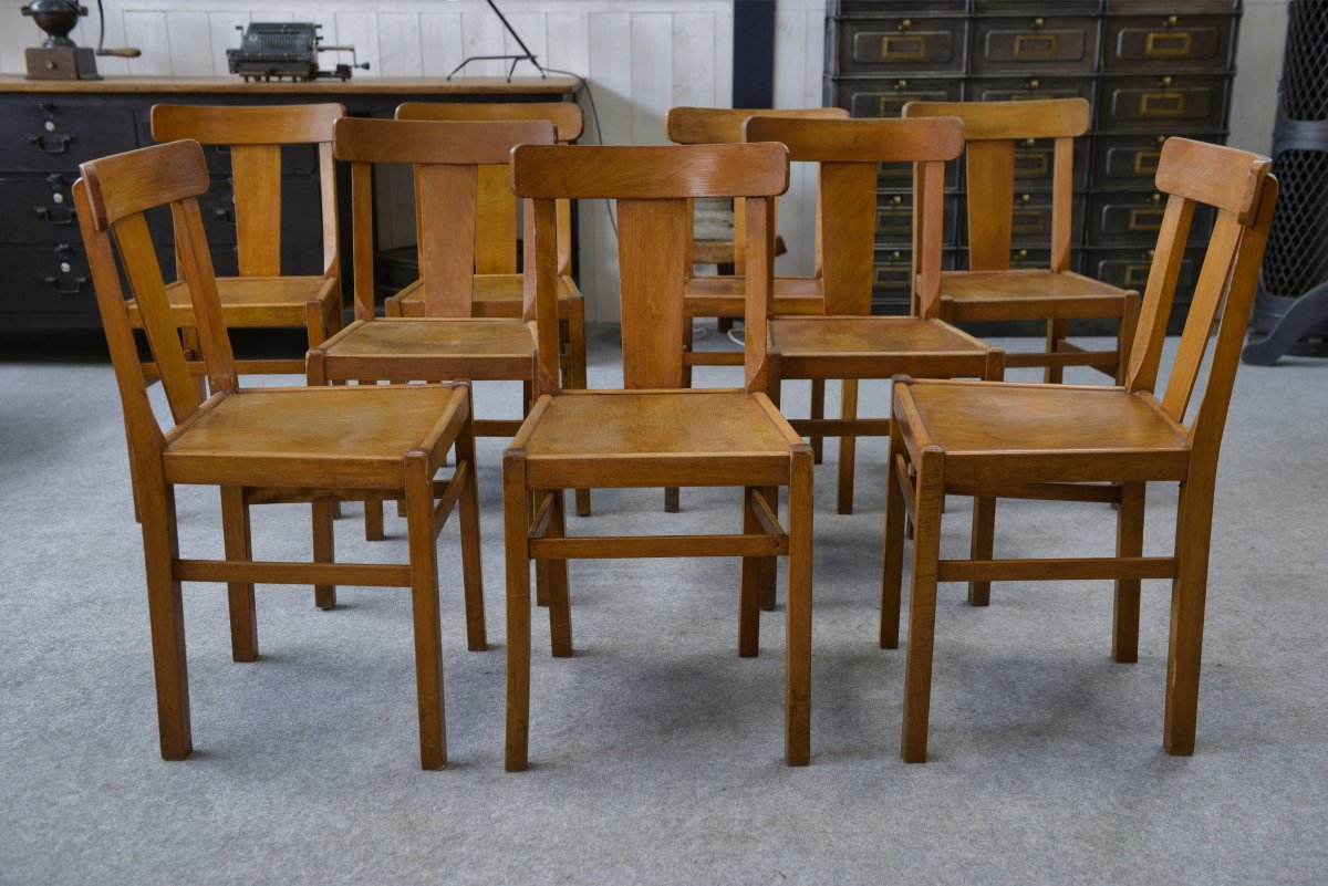 Ensemble de 10 chaises bistrot en hêtre 1950's-photo-1