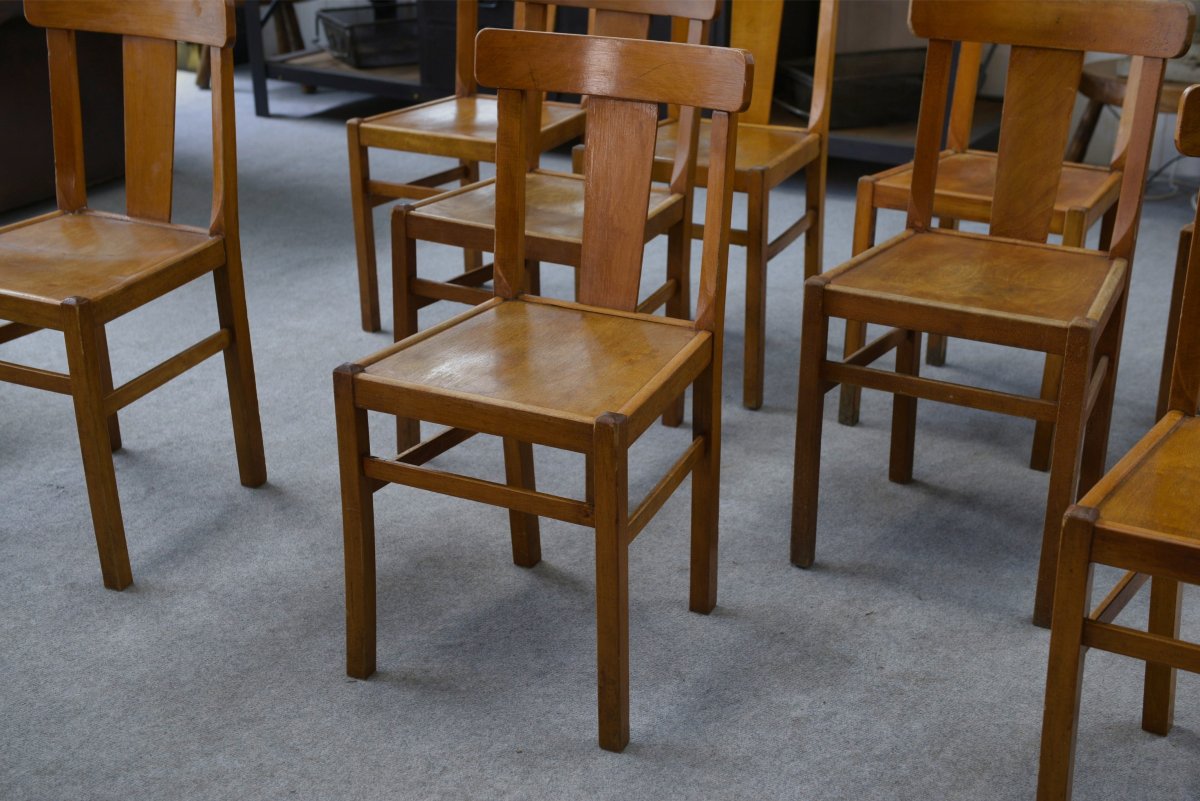Ensemble de 10 chaises bistrot en hêtre 1950's-photo-2