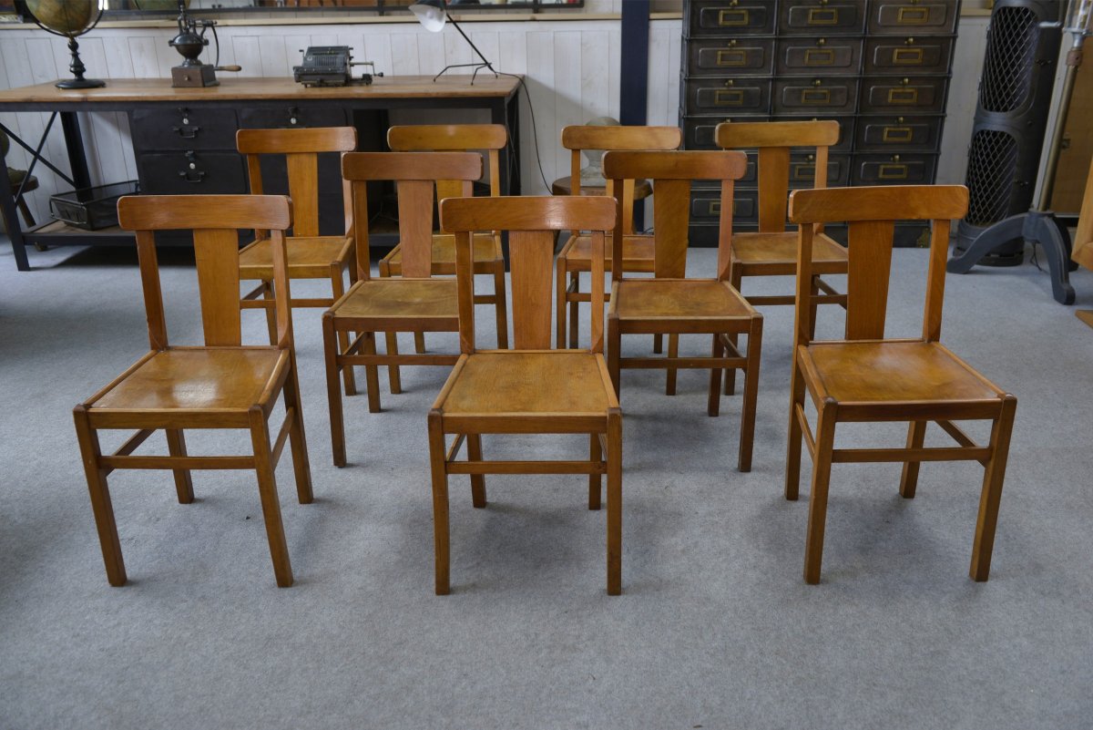 Ensemble de 10 chaises bistrot en hêtre 1950's-photo-3
