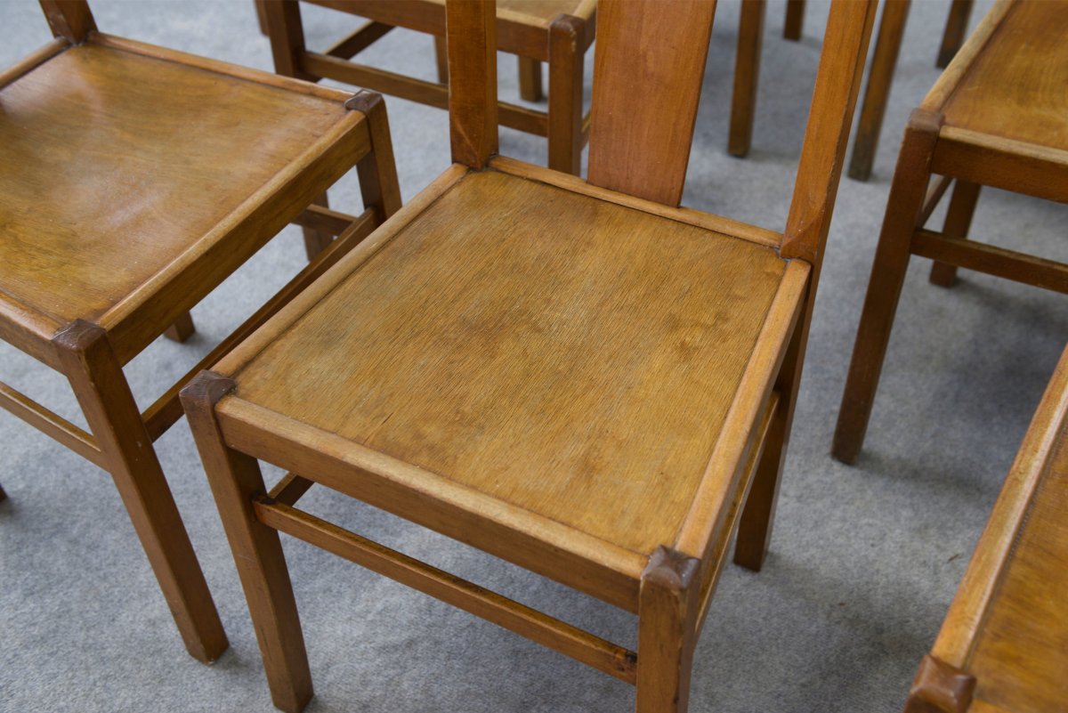 Ensemble de 10 chaises bistrot en hêtre 1950's-photo-4