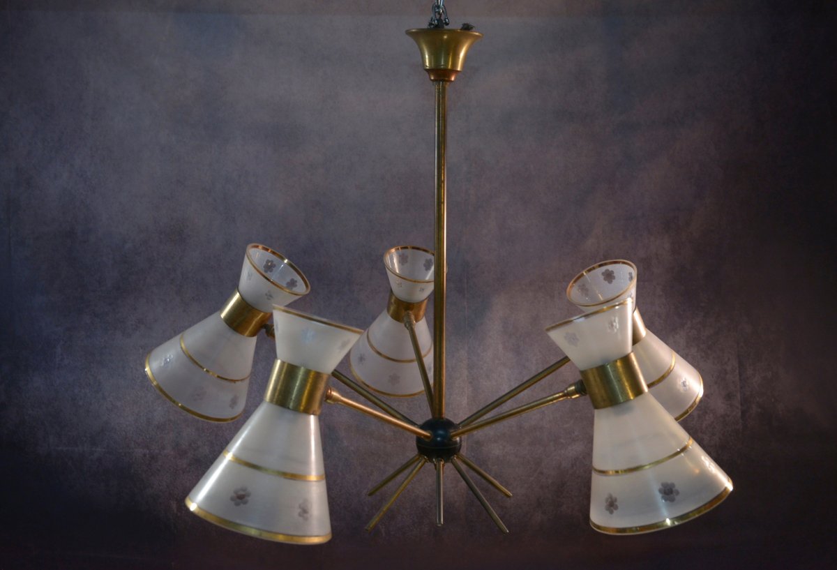 Lustre design diabolo en verre dépoli et ciselé décor floral 1950's-photo-4