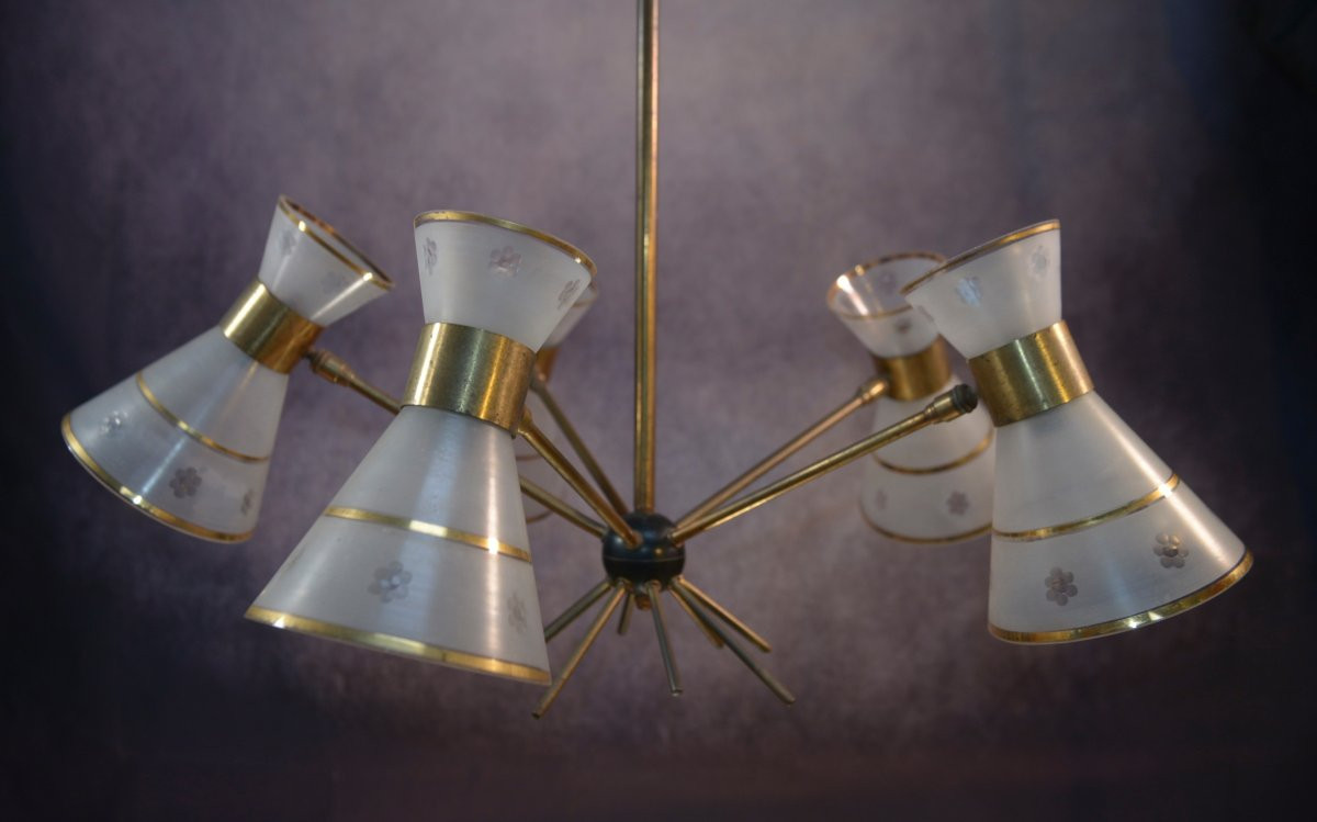 Lustre design diabolo en verre dépoli et ciselé décor floral 1950's-photo-1