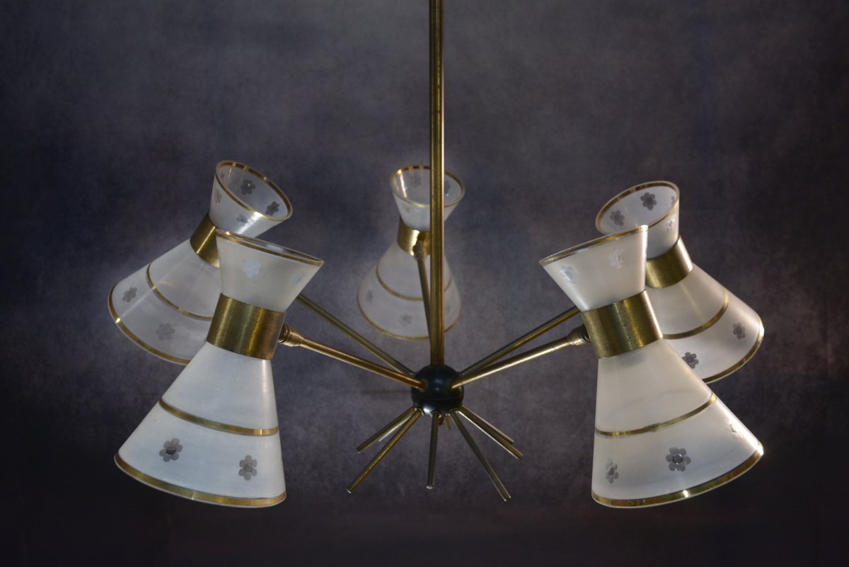 Lustre design diabolo en verre dépoli et ciselé décor floral 1950's-photo-3