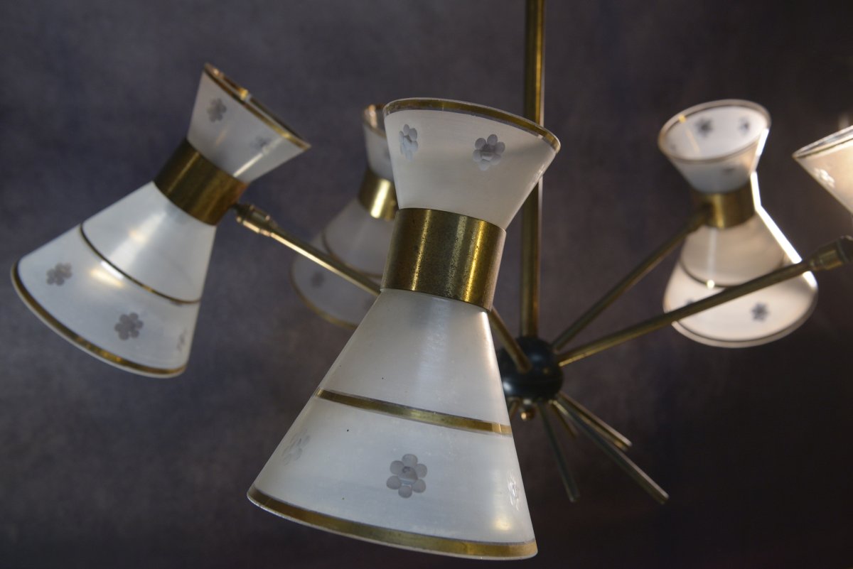 Lustre design diabolo en verre dépoli et ciselé décor floral 1950's-photo-4