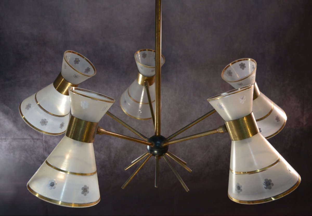 Lustre design diabolo en verre dépoli et ciselé décor floral 1950's-photo-5