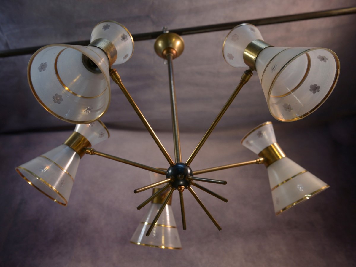 Lustre design diabolo en verre dépoli et ciselé décor floral 1950's-photo-6
