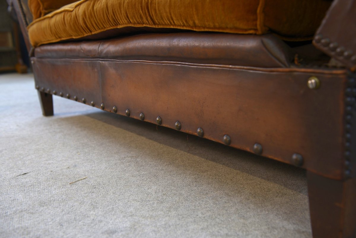 Banquette en cuir clouté vers 1920-photo-6