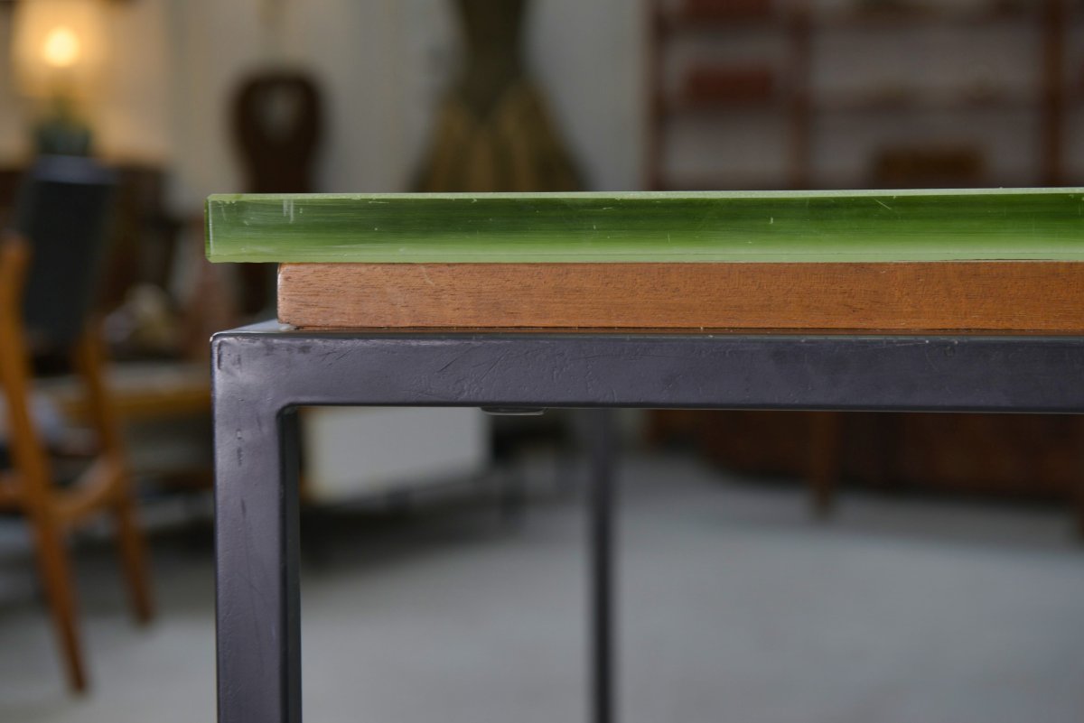 Saint-gobain Glass And Black Lacquered Metal Designer Table, 1960s-photo-3