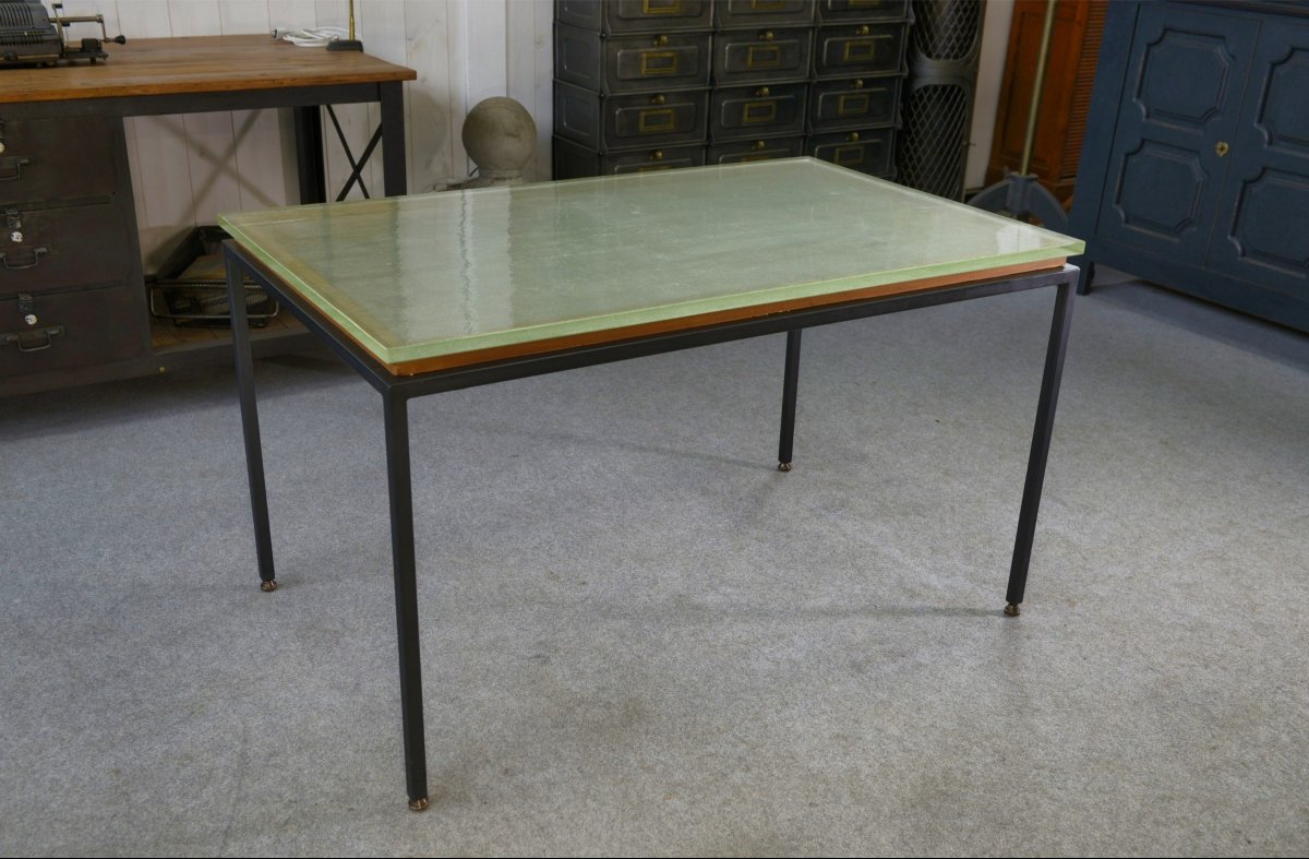 Saint-gobain Glass And Black Lacquered Metal Designer Table, 1960s-photo-3