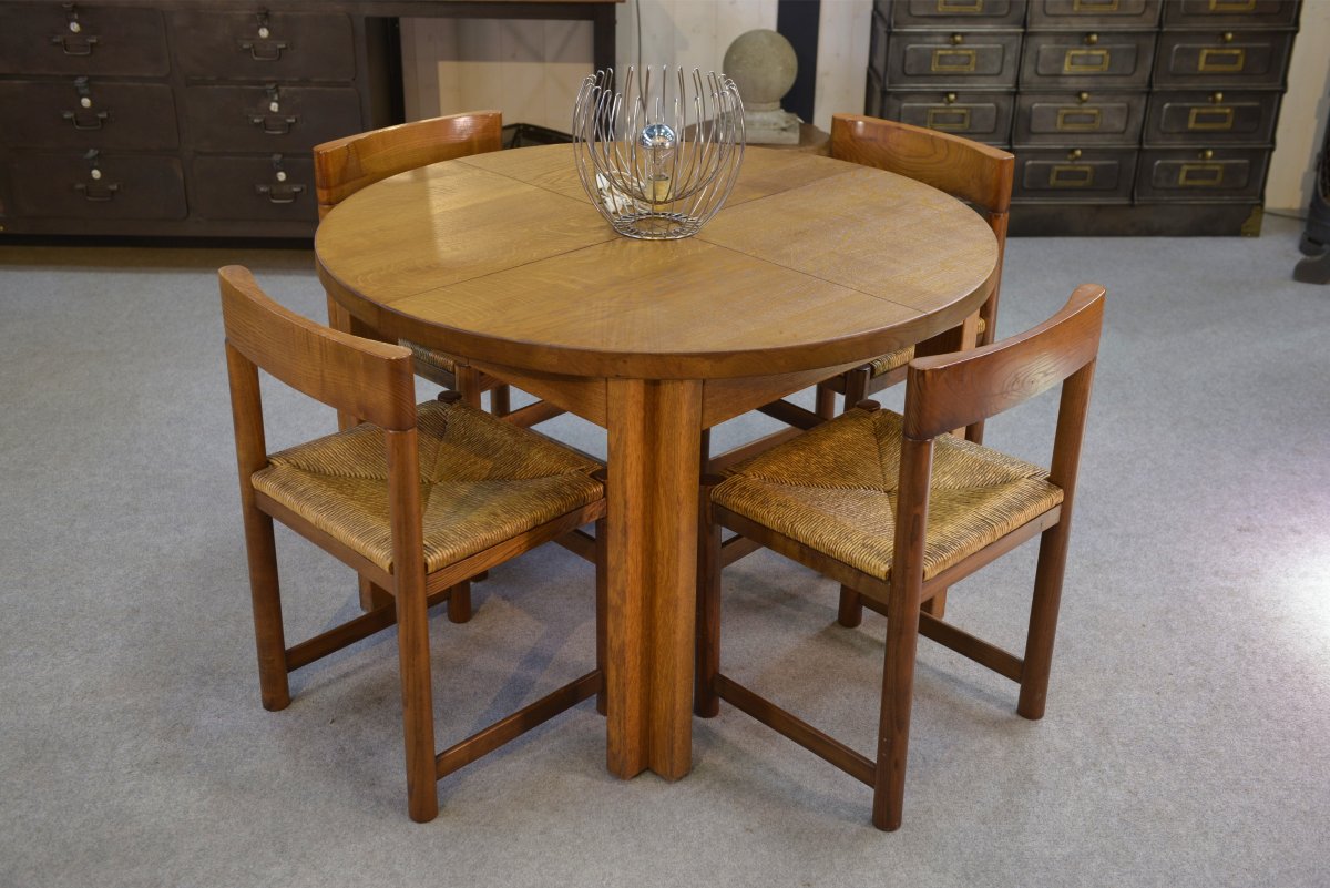 Round Solid Oak Table By Maison Regain 1970s-photo-2