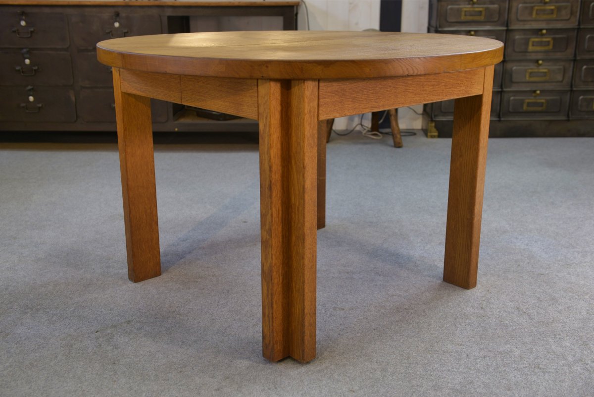 Round Solid Oak Table By Maison Regain 1970s-photo-4