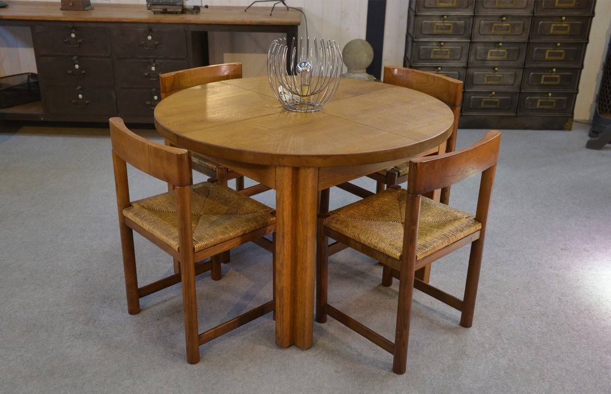 Round Solid Oak Table By Maison Regain 1970s-photo-1