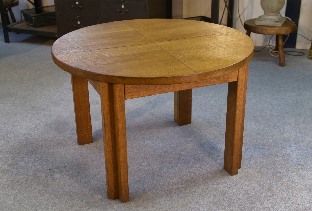 Round Solid Oak Table By Maison Regain 1970s-photo-2