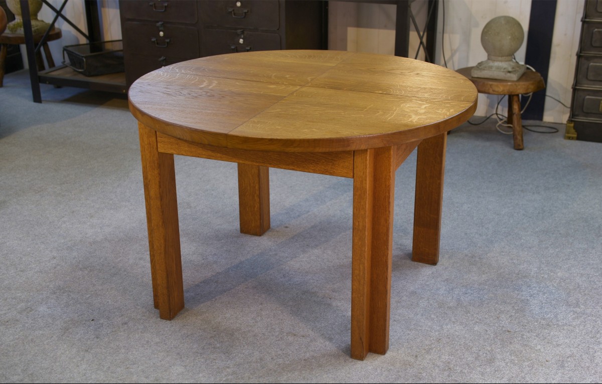 Round Solid Oak Table By Maison Regain 1970s