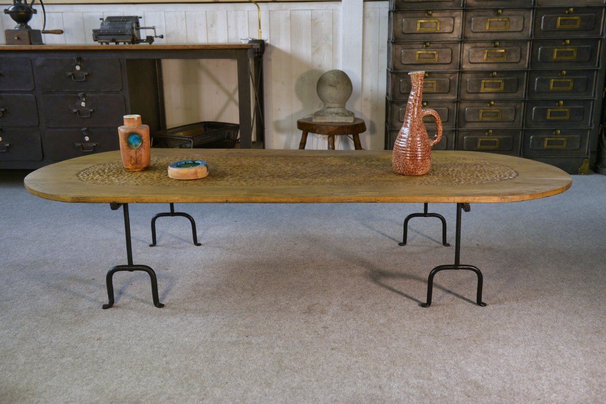 Brutalist Coffee Table In Solid Oak And Wrought Iron In The Style Of Noll-marolles 1950s-photo-2