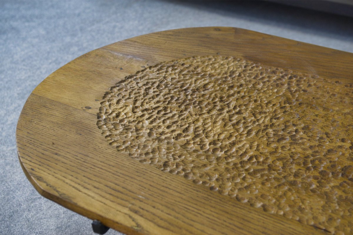 Brutalist Coffee Table In Solid Oak And Wrought Iron In The Style Of Noll-marolles 1950s-photo-3