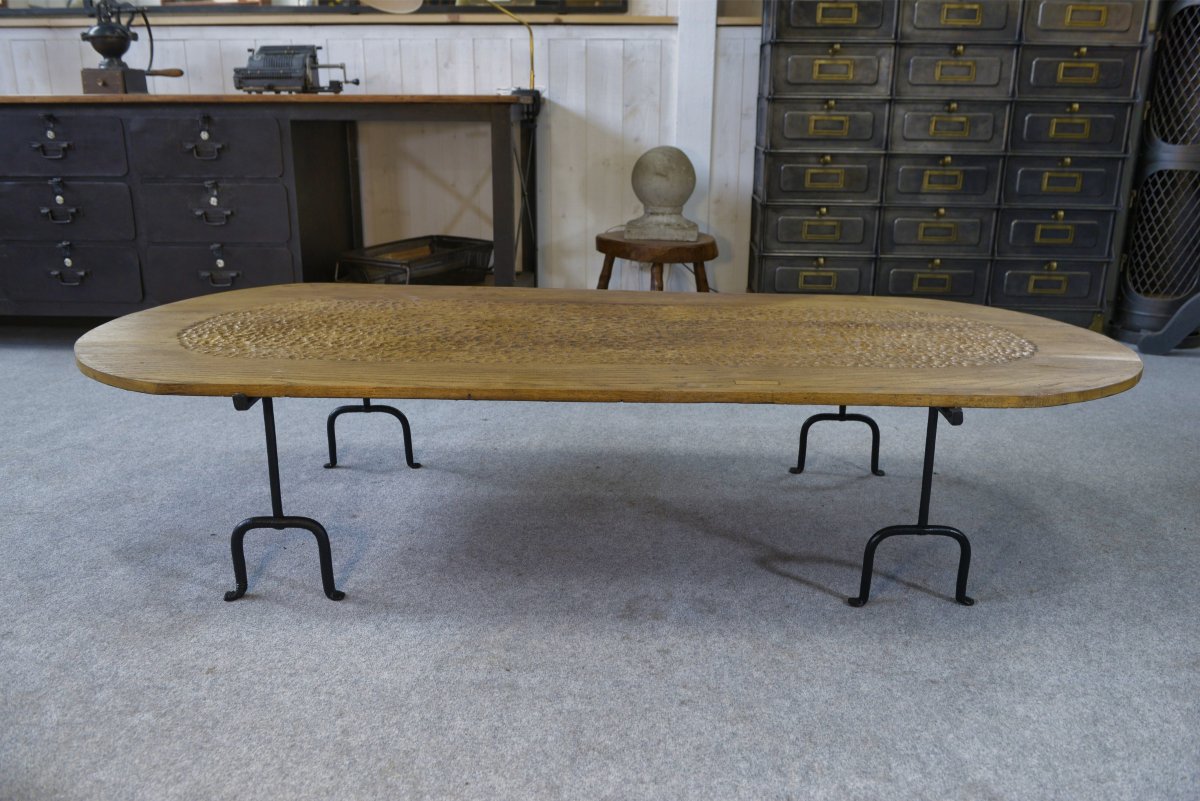 Brutalist Coffee Table In Solid Oak And Wrought Iron In The Style Of Noll-marolles 1950s-photo-4