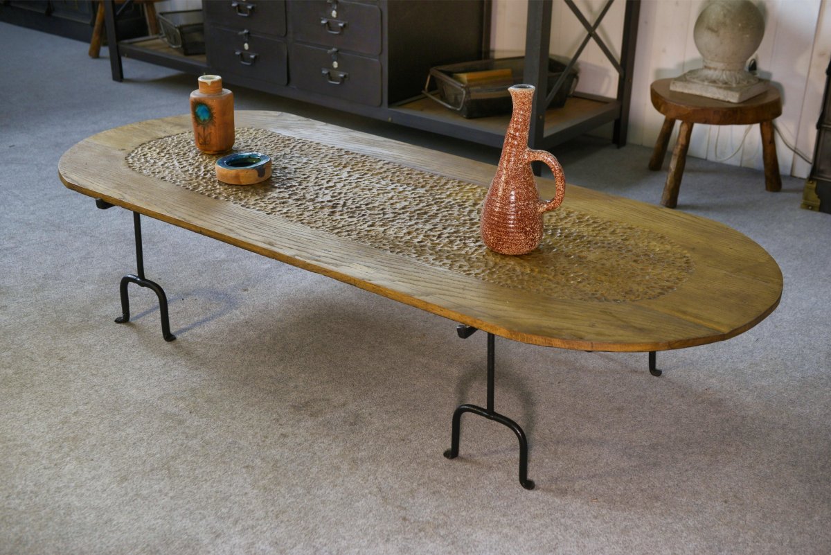 Brutalist Coffee Table In Solid Oak And Wrought Iron In The Style Of Noll-marolles 1950s-photo-1