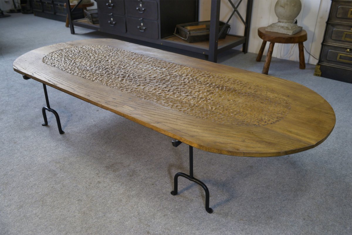 Brutalist Coffee Table In Solid Oak And Wrought Iron In The Style Of Noll-marolles 1950s-photo-3