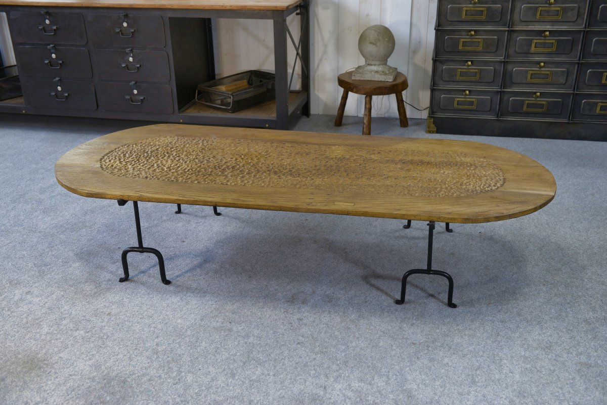 Brutalist Coffee Table In Solid Oak And Wrought Iron In The Style Of Noll-marolles 1950s-photo-5
