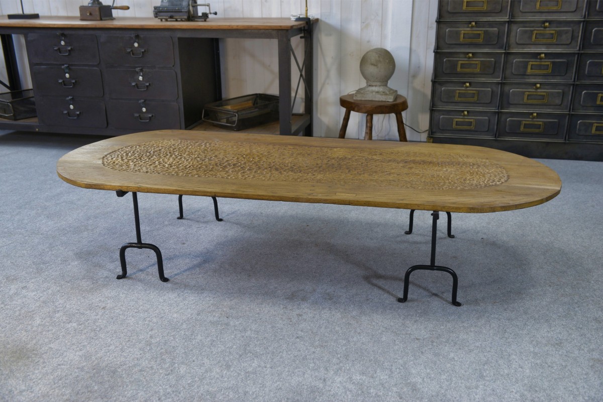 Brutalist Coffee Table In Solid Oak And Wrought Iron In The Style Of Noll-marolles 1950s