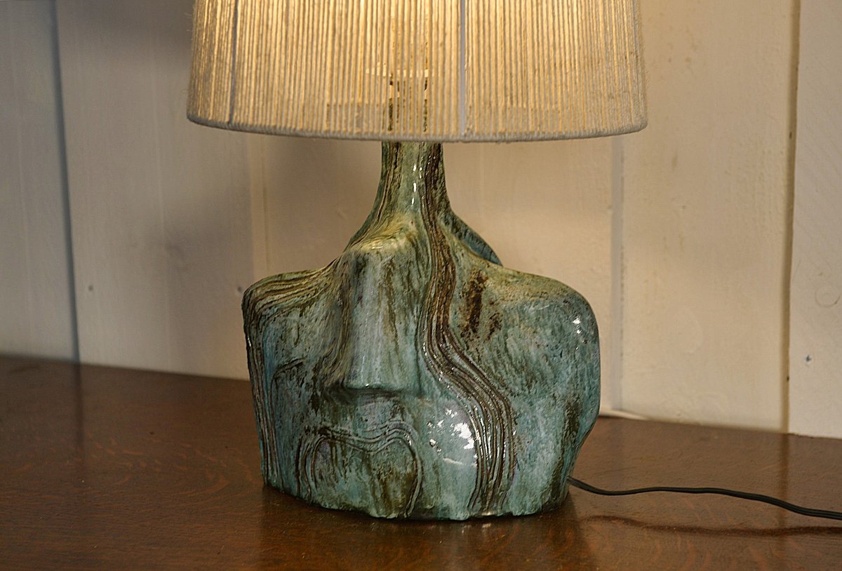 Lampe en céramique brutaliste signé avec abat-jour en lin 1950's-photo-2