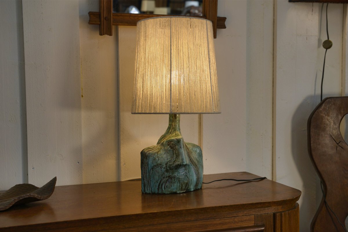 Lampe en céramique brutaliste signé avec abat-jour en lin 1950's-photo-3