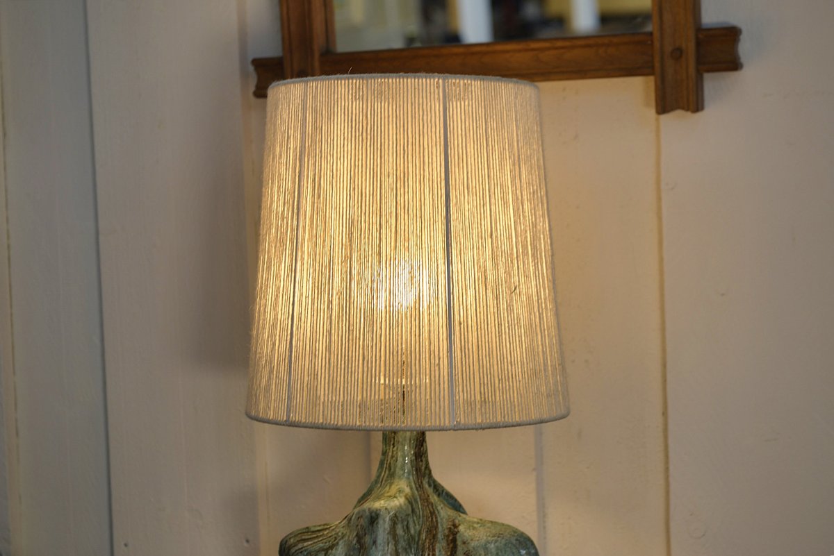 Lampe en céramique brutaliste signé avec abat-jour en lin 1950's-photo-4