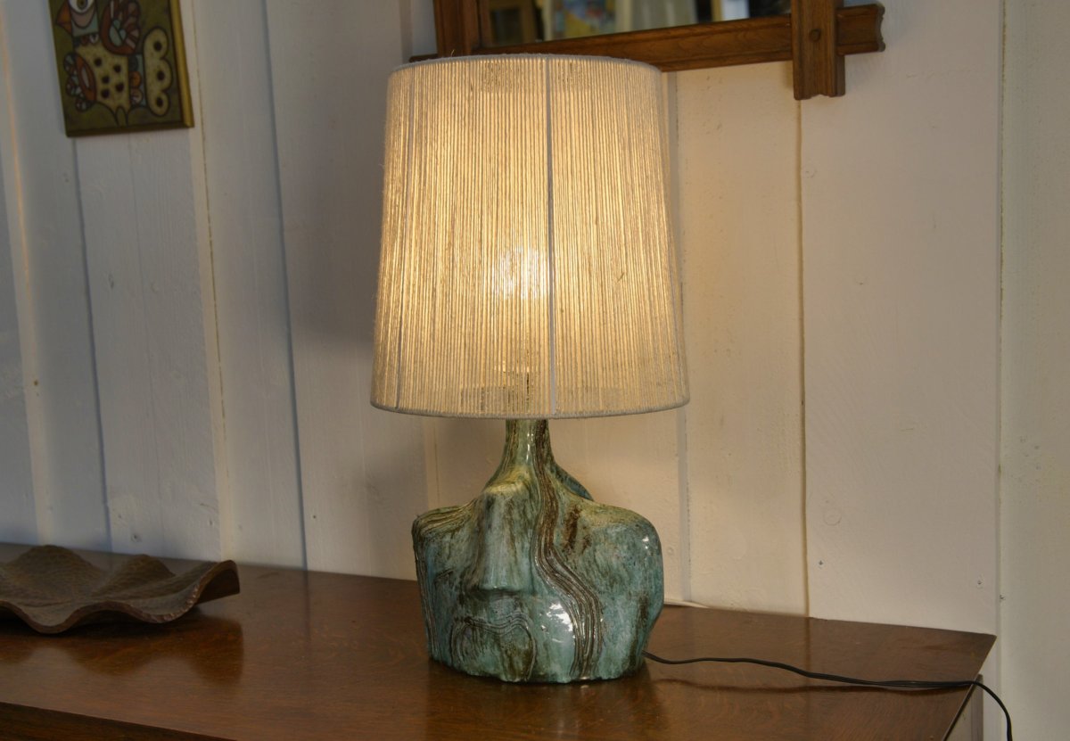Lampe en céramique brutaliste signé avec abat-jour en lin 1950's-photo-2