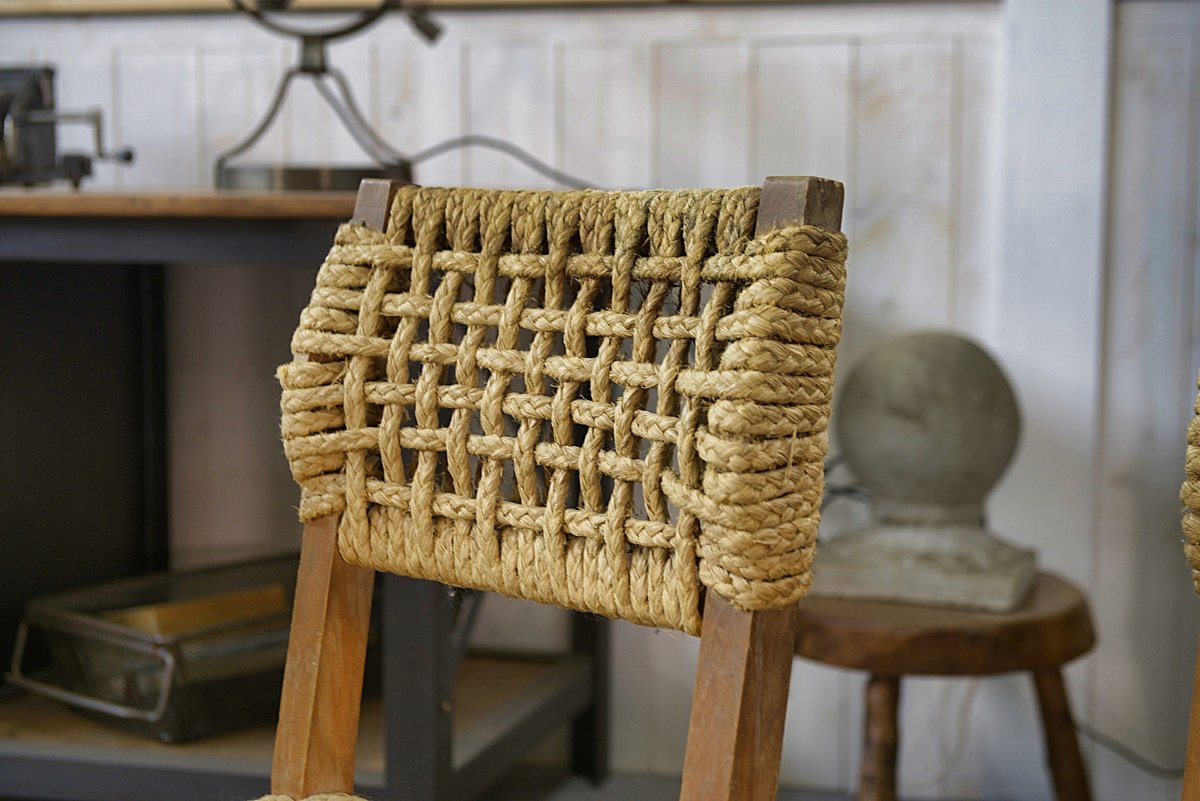 Set Of 6 Woven Rope Chairs By Adrien Audoux & Frida Minet For Vibo Versoul 1940's-photo-2