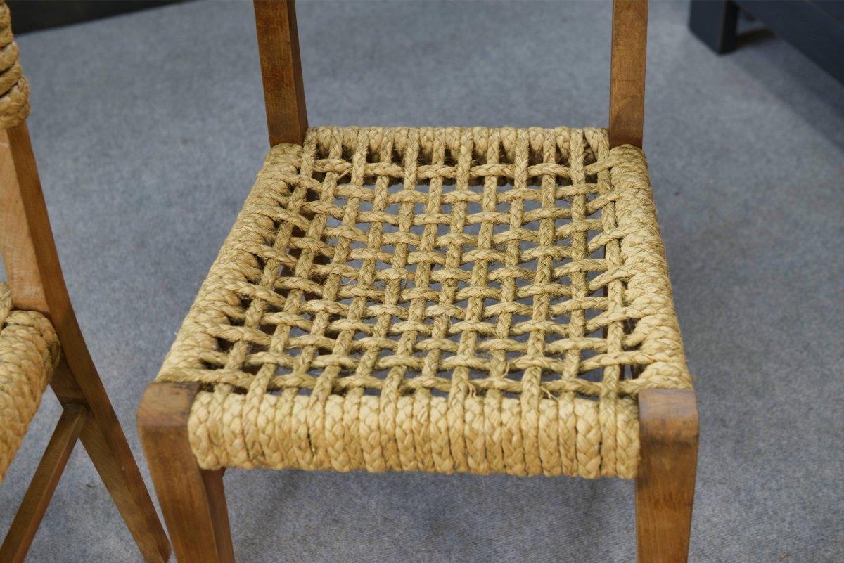 Set Of 6 Woven Rope Chairs By Adrien Audoux & Frida Minet For Vibo Versoul 1940's-photo-3