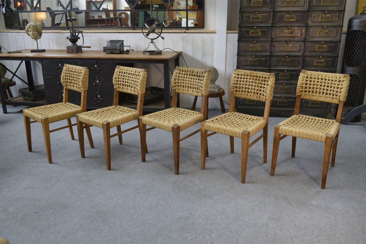 Set Of 6 Woven Rope Chairs By Adrien Audoux & Frida Minet For Vibo Versoul 1940's-photo-4