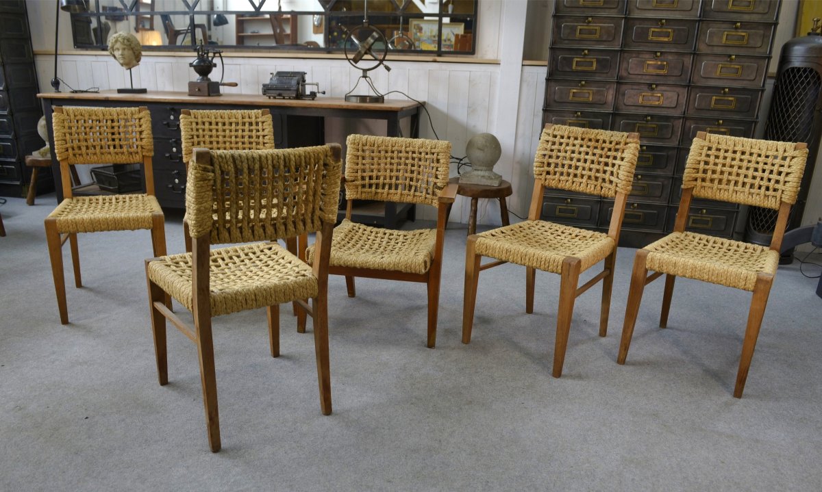 Set Of 6 Woven Rope Chairs By Adrien Audoux & Frida Minet For Vibo Versoul 1940's-photo-1