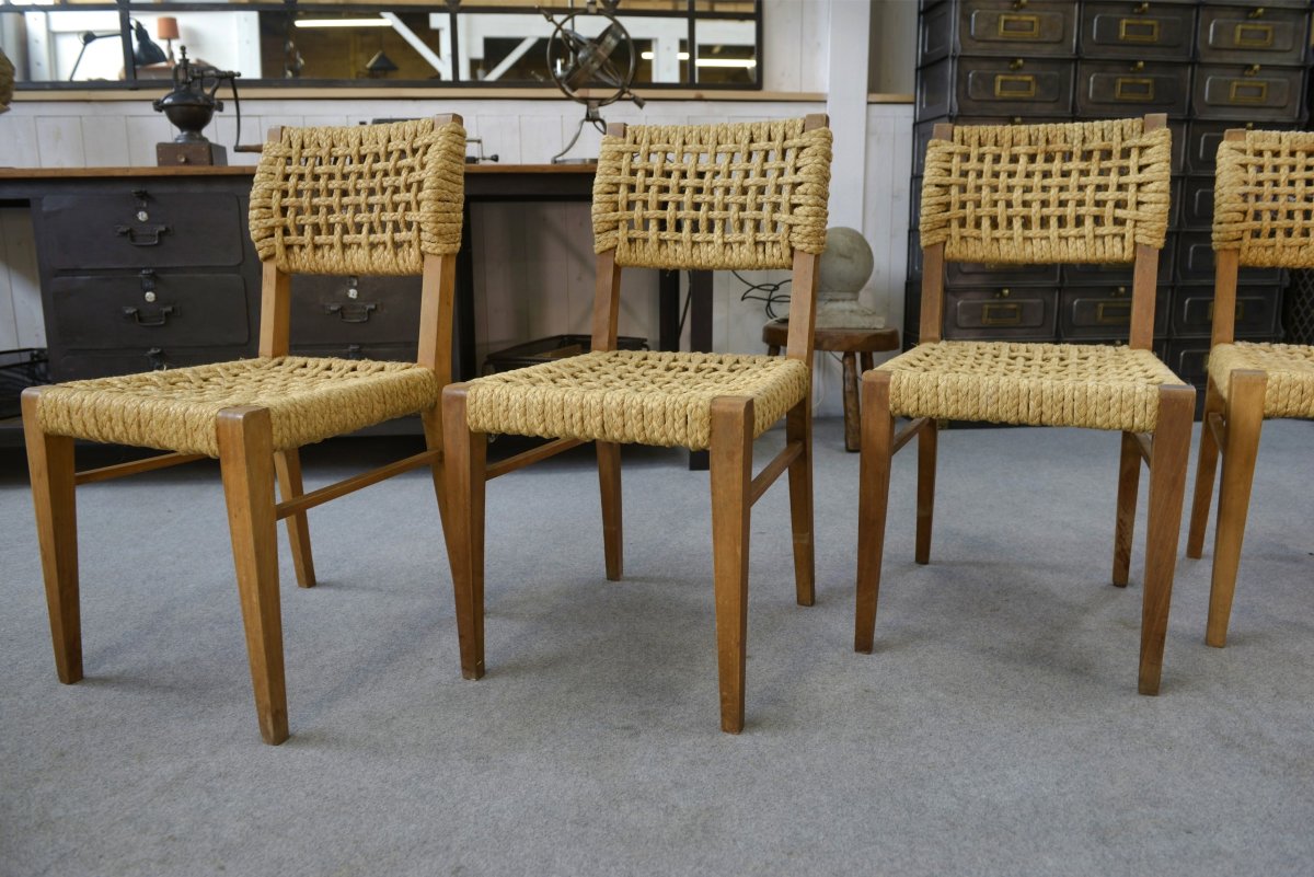 Set Of 6 Woven Rope Chairs By Adrien Audoux & Frida Minet For Vibo Versoul 1940's-photo-3