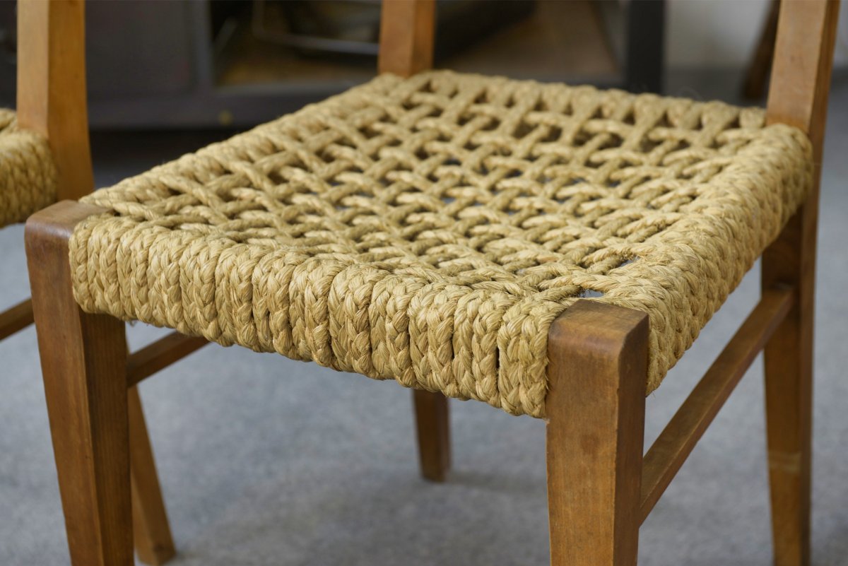 Set Of 6 Woven Rope Chairs By Adrien Audoux & Frida Minet For Vibo Versoul 1940's-photo-4
