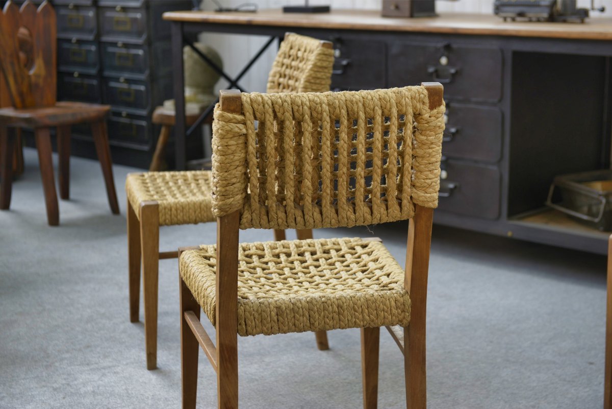 Set Of 6 Woven Rope Chairs By Adrien Audoux & Frida Minet For Vibo Versoul 1940's-photo-5