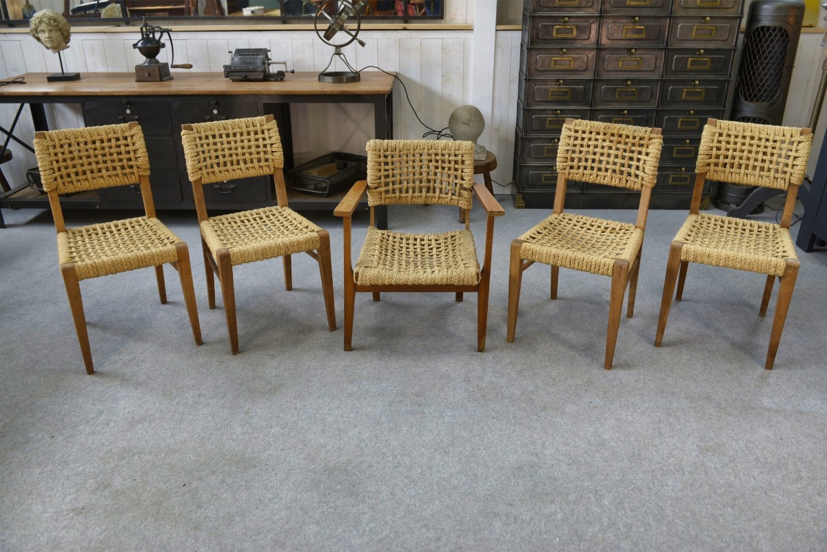 Set Of 6 Woven Rope Chairs By Adrien Audoux & Frida Minet For Vibo Versoul 1940's