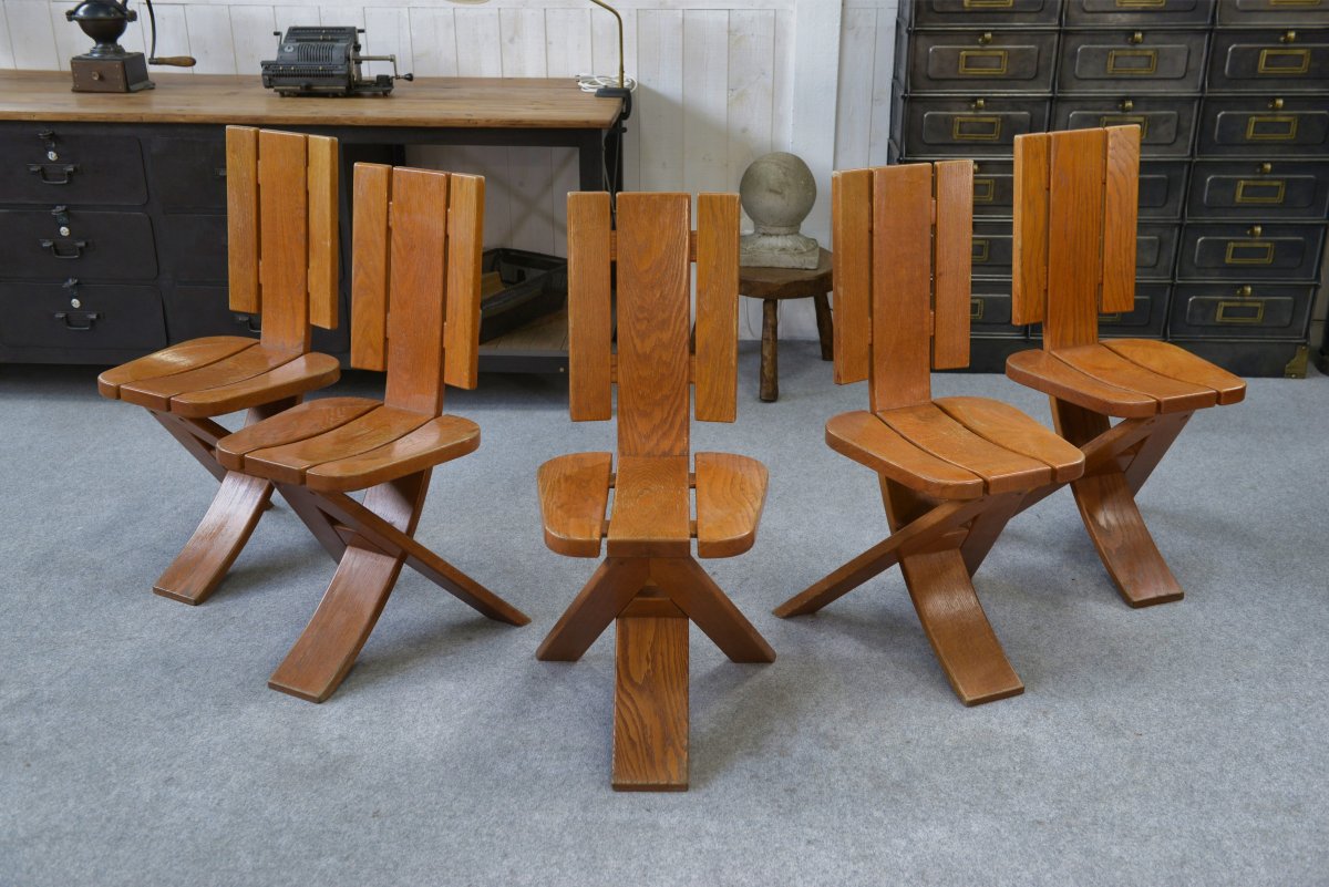Set Of 5 Solid Oak Chairs By Seltz Manufacture 1970's-photo-2