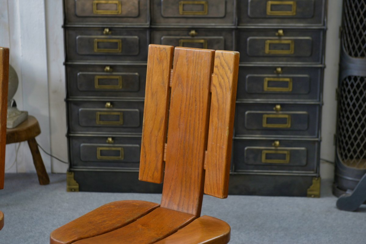 Set Of 5 Solid Oak Chairs By Seltz Manufacture 1970's-photo-3