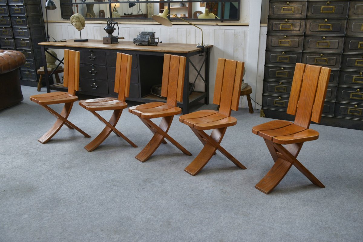 Set Of 5 Solid Oak Chairs By Seltz Manufacture 1970's-photo-1